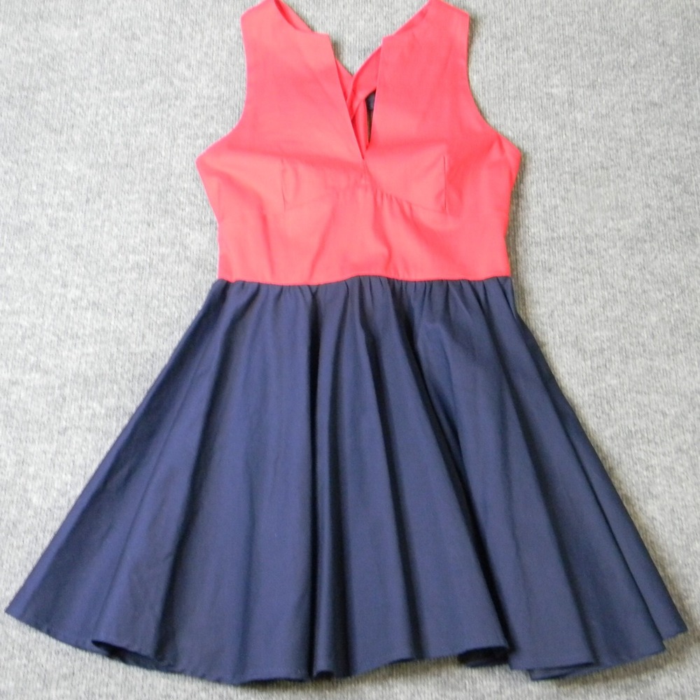 Shaye Blue Women's L Fit & Flare Dress Coral Navy Bow Made in USA